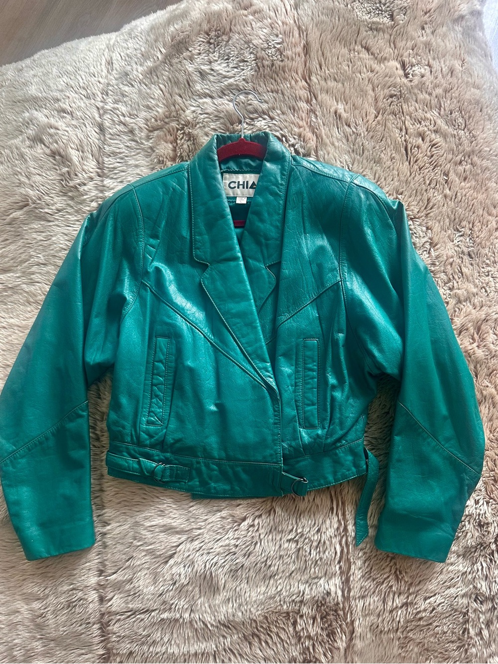 Vintage Chia Teal Leather Jacket - Women's Cropped Moto Coat